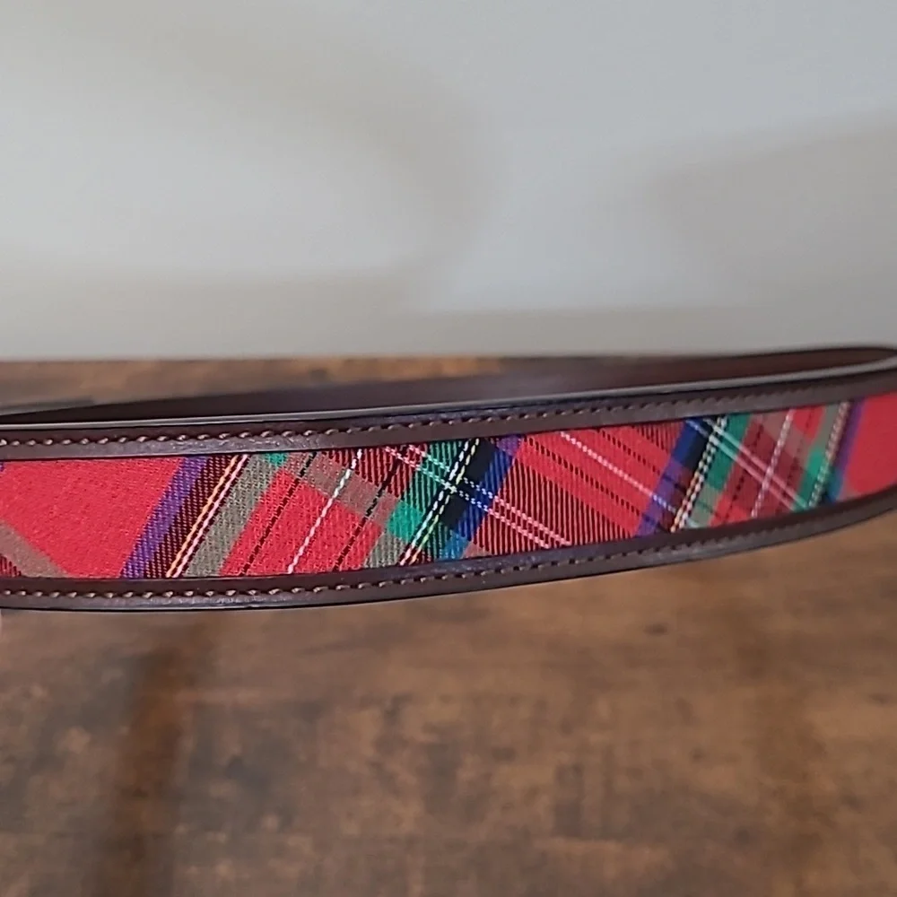 Brown Leather Belt with Red Plaid Pattern size Large 30-32